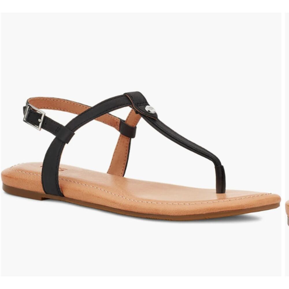 UGG Madeena T-Strap Black Leather Sandal Size 7.5- Summer/ Minimalist
